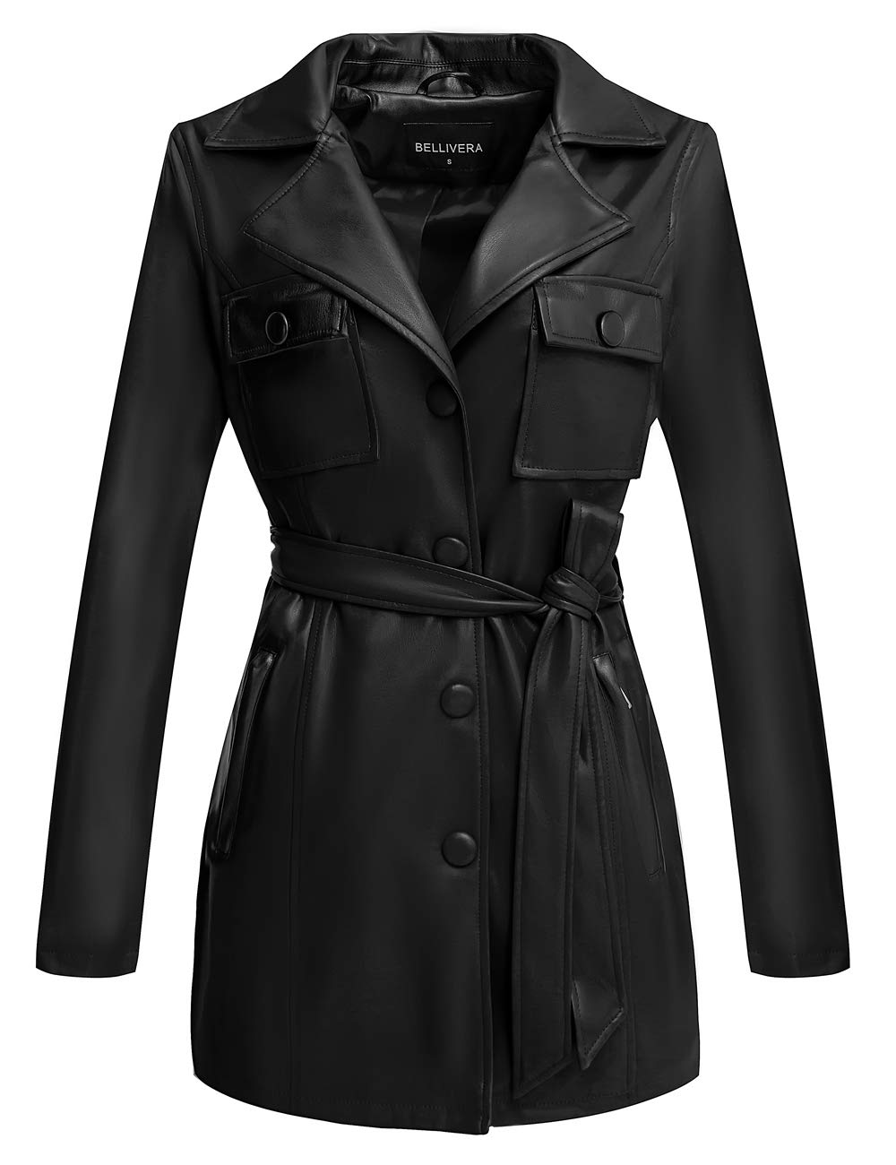 Bellivera Women's Faux Leather Short Jacket Belted Moto Casual Coat with Two Zip
