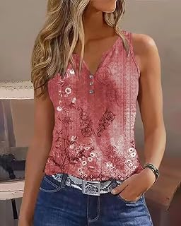 Women V Neck Floral Print Sleeveless Basic Casual Tank Top Breathable Comfortable Summer Beach Wear Versatile