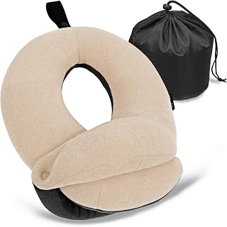 BUYUE Kids Travel Pillows for Airplane, 360° Head Support Sleeping Essentials for Boys Long Flight, Skin-Friendly Soft Neck Pillow for Traveling in Car Seat, (Small, Beige-grey, 40-90 lbs)