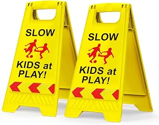 2 Pack Kids at Play Safety Signs for Street, Children at Play Safety Signs with Reflective Tape 17.5" Height Double-Sided Easier to Identify, Slow Down Kids at Play Sign for Street Neighborhoods Community(Yellow)