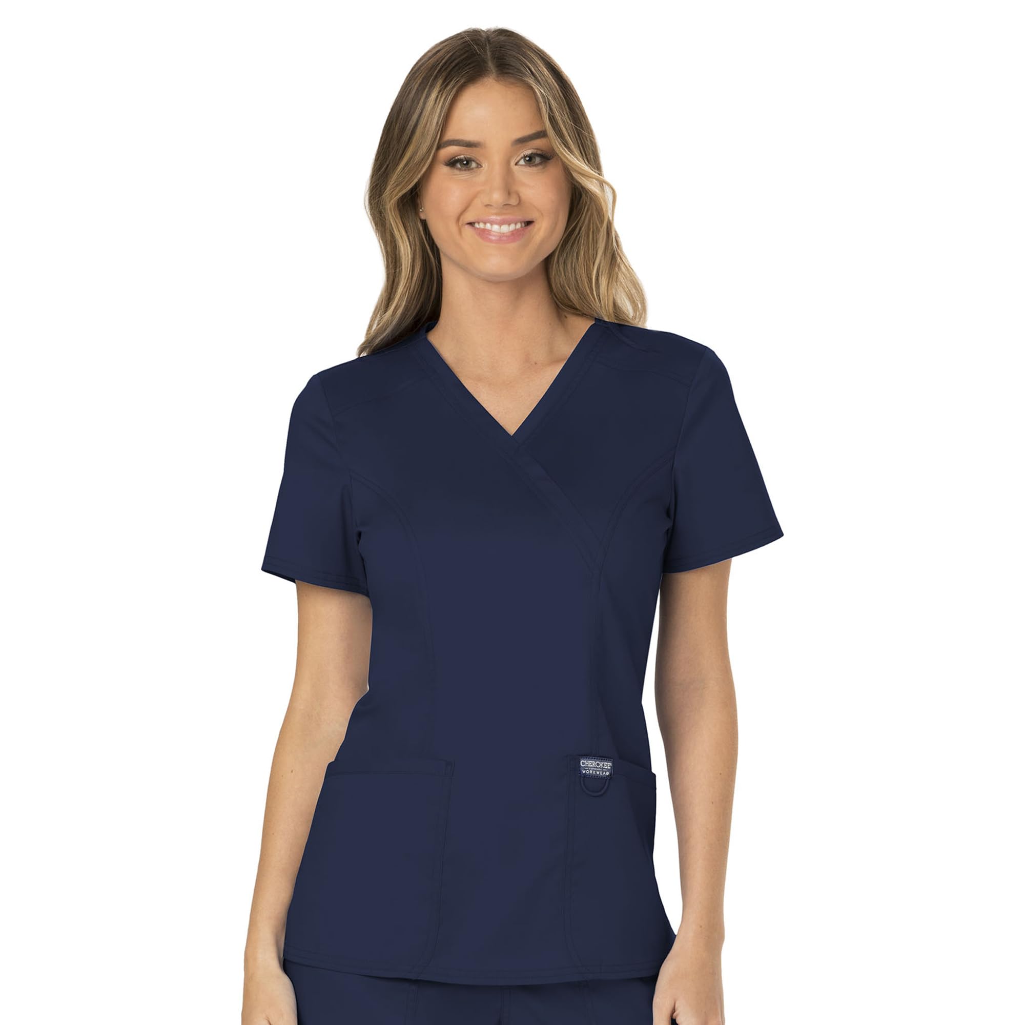Cherokee Scrubs Top for Women Mock Wrap with 3 Pockets, Soft, 2-Way Stretch & Du