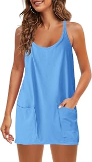 Womens Athletic Mini Dress Sleeveless V Neck Spaghetti Strap Summer Dress with Pockets