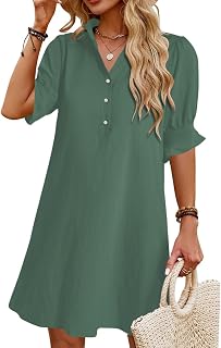 Wkior Shift Dress for Women V Neck Short Sleeve Solid Color Casual Summer Dresses (S-2XL)