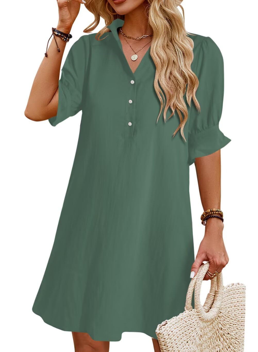 Wkior Shift Dress for Women V Neck Short Sleeve Solid Color Casual Summer Dresse