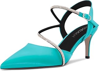 HDEUOLM Women's Needle Mid Heel Pointed Toe Sandals Slingback Diamond Crystal Party Cute 6.5 CM Heels