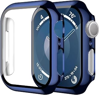 Smiling 2 Pack Case Compatible with Apple Watch Series 9 (2023)/Series 8 /Series 7 41mm with Tempered Glass Screen Protector, Hard PC Case Overall Protective Cover - 1 Blue + 1 Transparent
