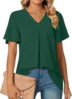 Anyally レディース サマー ドレッシー シフォン ブラウス Vネック フリル 半袖 チュニック トップス レギンス カジュアル Tシャツ