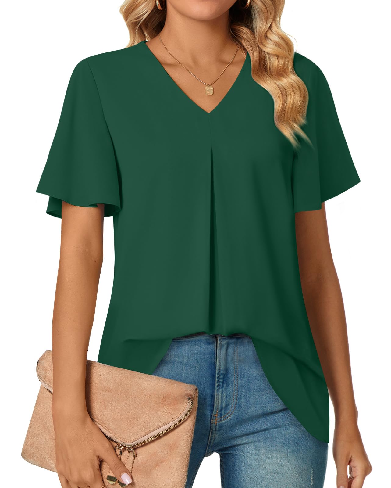 Anyally レディース サマー ドレッシー シフォン ブラウス Vネック フリル 半袖 チュニック トップス レギンス カジュアル Tシャツ