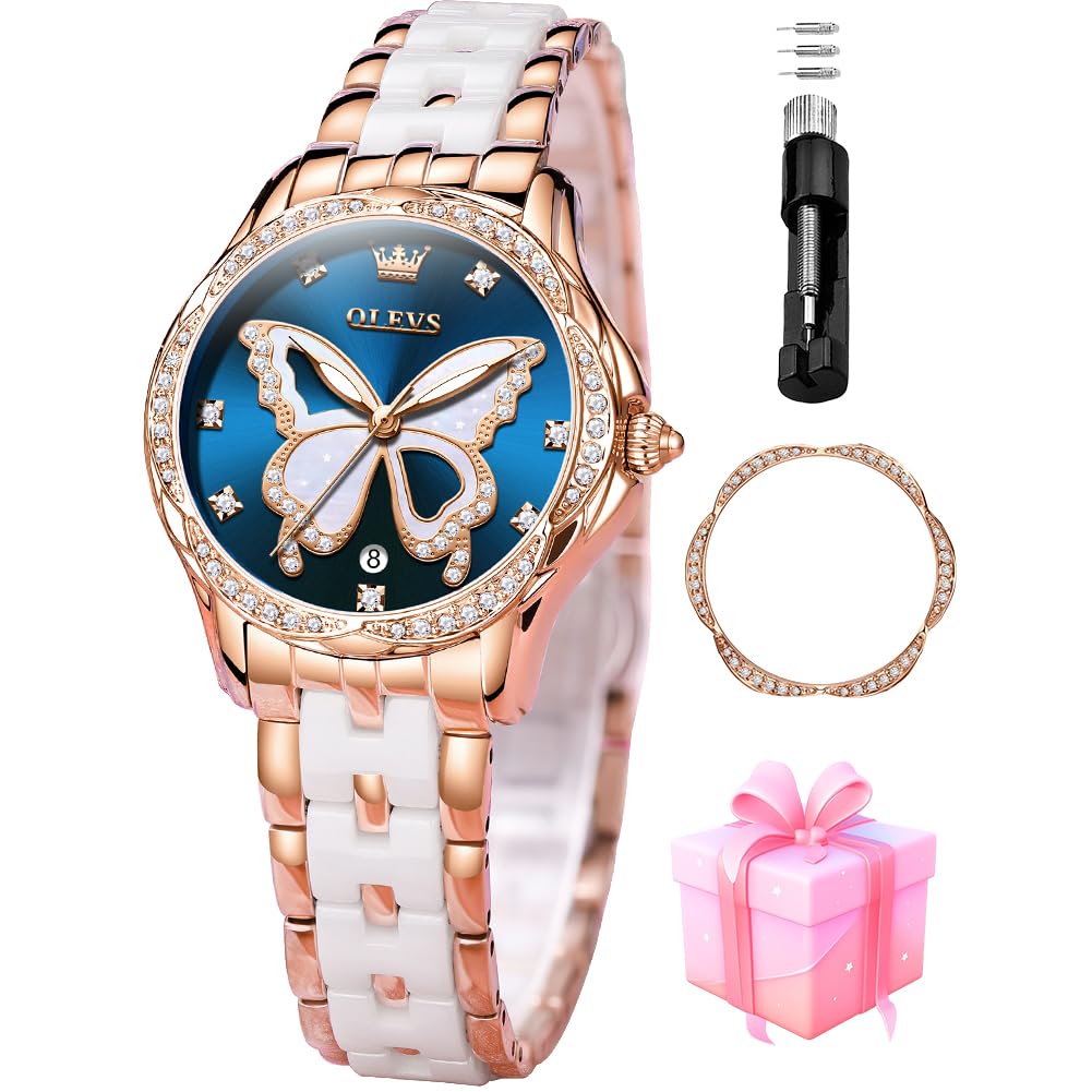 OLEVS Watches for Women Rose Gold Two Tone Fashion White Ceramic Ladies Wrist Wa