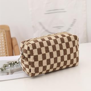 Checkered Makeup Organizer Toiletry Bag for Women Girls, Khaki/White, 15,2 cm x 6,9 cm x 9,5 cm, Checkerboard Color Block Makeup Bag