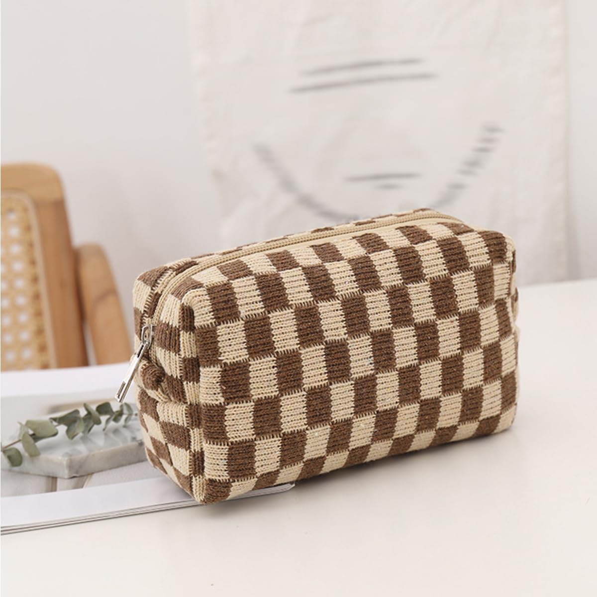 Checkered Makeup Organizer Toiletry Bag for Women Girls, Khaki/White, 15,2 cm x 