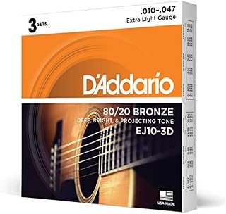 D'Addario Acoustic Guitar Strings, 80/20 Bronze, EJ10-3D, Extra Light Gauge 10-47, 6-String Set, Pack of 3