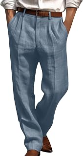 Ybing mens chinos pants long pleated loose pants with pocket casual straight leg solid color linen pants business pants vintage chino pants summer pants
