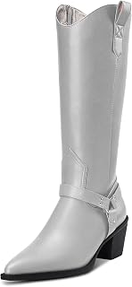 Aachcol Women Western Cowboy Boots Mid Calf Pull-Up Pointed Toe Block Chunky Mid Heel Dress Shoes Suede Zipper Shopping 6.5CM