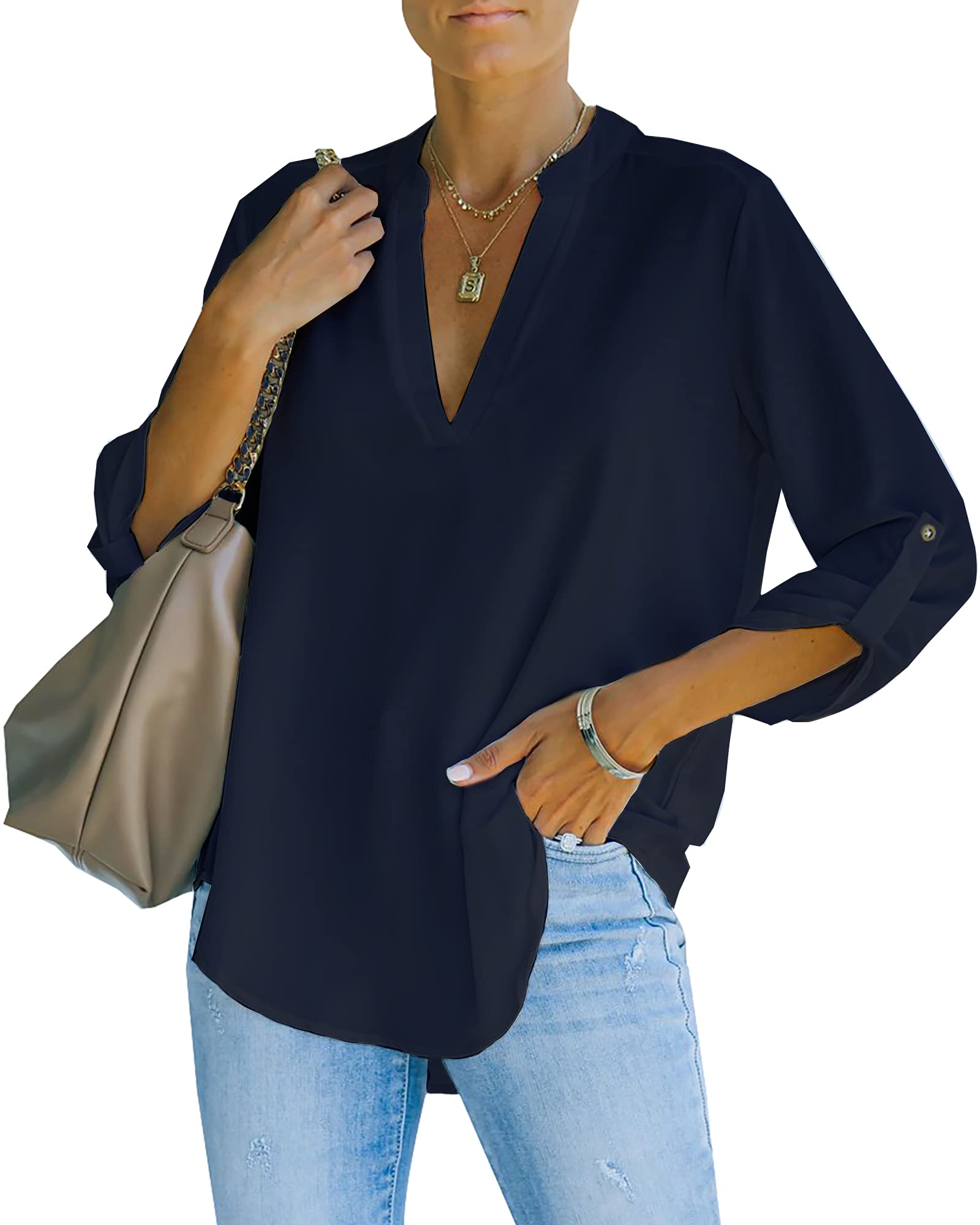 Nonsar Women's Blouse Elegant V-Neck Henley Shirt Blouse Roll-Up Sleeves Loose B