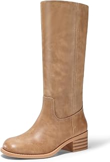 Coutgo Ladies Square Toe Wide Heel Comfort Low Heel Knee High Boots