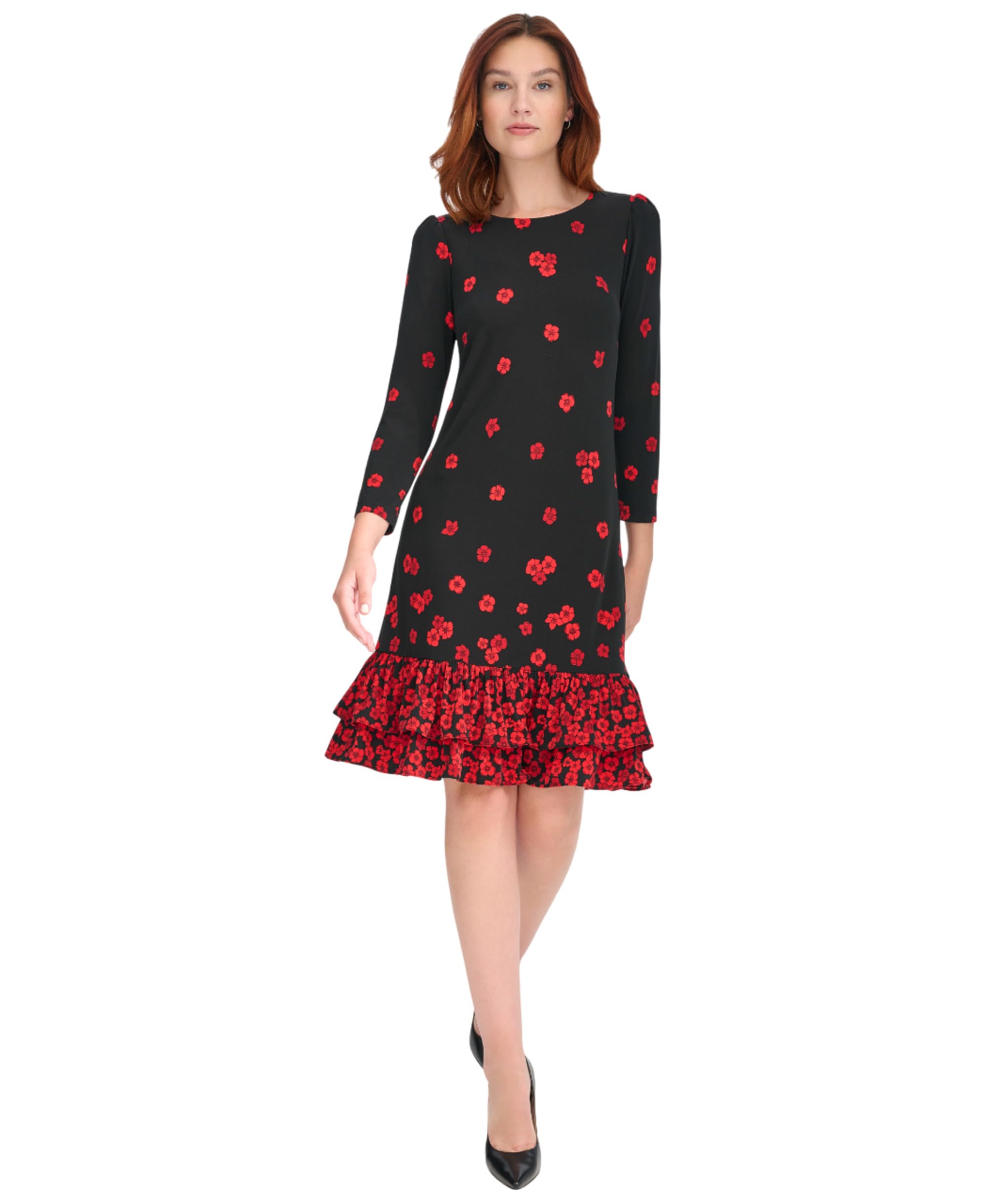 Tommy Hilfiger Women's Floral Print Shift Dress, Black/Scarlet Red, 40