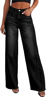 Sidefeel Womens Wide Leg High Waist Stretch Raw Hem Denim Pants