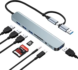 USB C/USB Hub Multiport Adapter,USB 3.0 Hub Aluminum 8 in 1 USB Splitter with SD/TF Card Reader,1 x USB 3.0, 3 x USB 2.0, 1 x USB C,and 3.5mm Audio Output for MacBook Pro Air,iPad Pro,Laptop