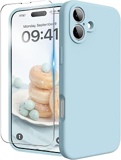 for iPhone 16 Case Silicone with Screen Protector,Light Blue
