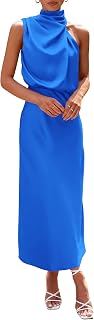 PRETTYGARDEN 2023 Women's Summer Dress Satin Elegant Sleeveless Turtleneck Cocktail Party Dress