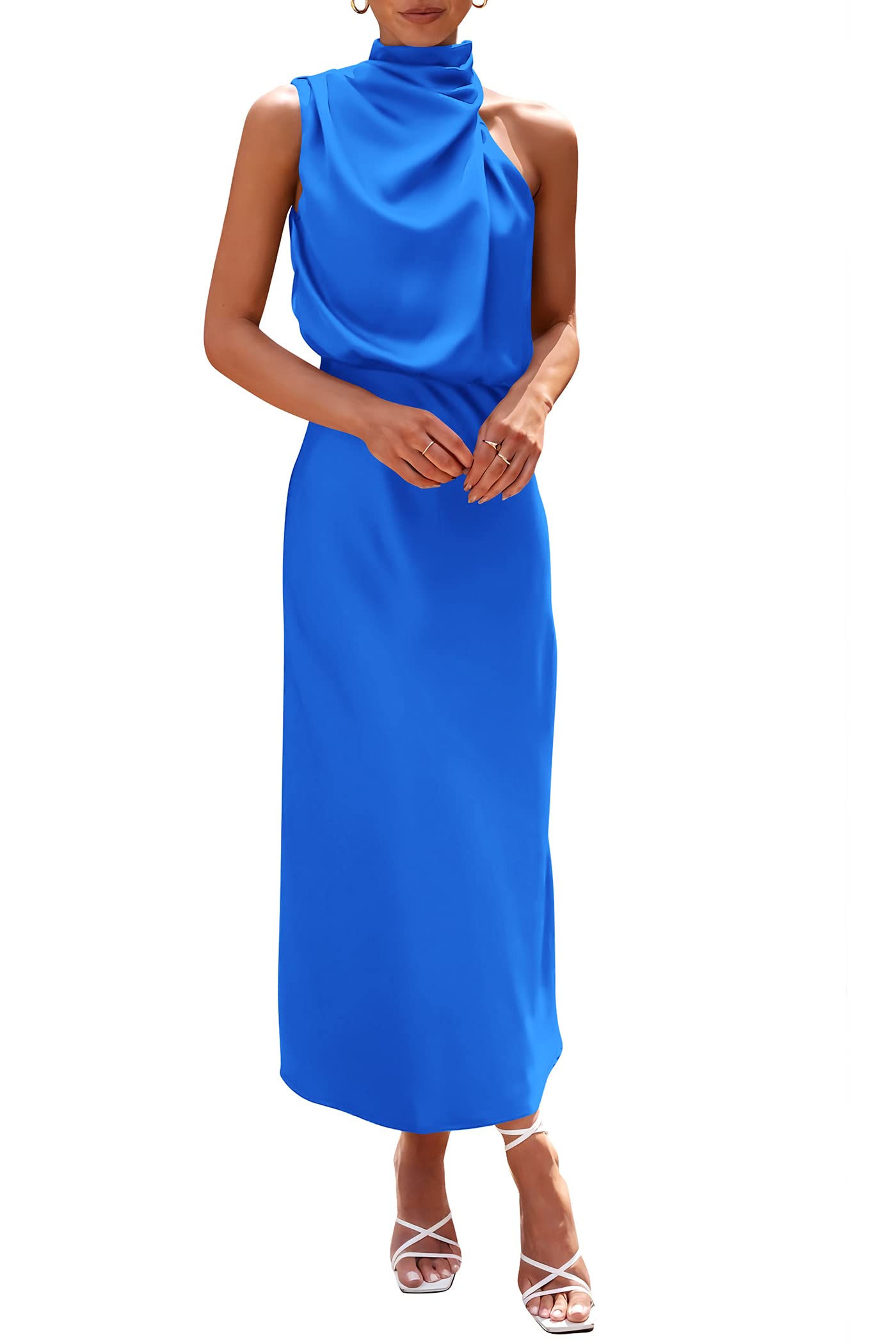 PRETTYGARDEN 2023 Women's Summer Dress Satin Elegant Sleeveless Turtleneck Cockt