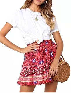 HOEREV Women's Girls' Floral Flared Short Skirt Cute High Waist Ruched Skirt Beach Mini Skirt