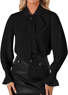 LYANER Women Blouse Bow Tie Front Smocked Long Sleeve Elegant Office Shirt Top