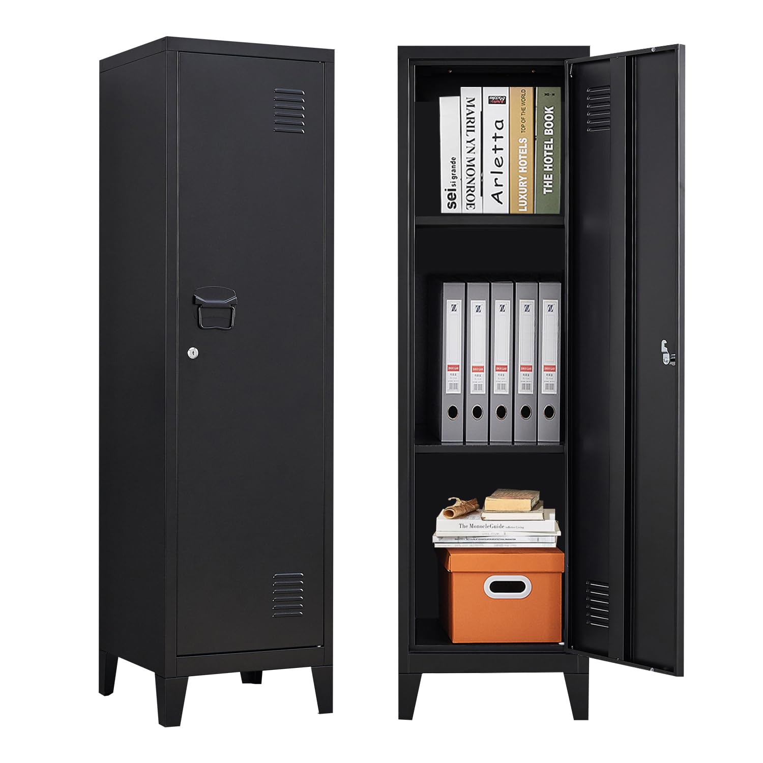 Metal Locker with Doors and Shelves, Locking Storage Cabinets for Small Spaces, 