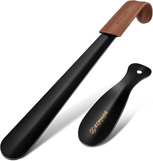 ZOMAKE Shoe Horn Long Handle for Seniors Men Women, Metal Shoehorn | Stainless Steel Long Boot Horn, Travel Small Shoe Spoon Helper, Anti-Slip Leather Grip, No Bending Over, Shoe Protection