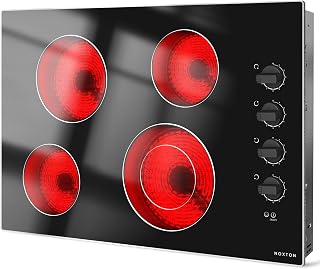 Noxton 30 Inch Electric Cooktop, Glass Protection Metal Frame, Knob Control | Built-in Radiant Stove Top, Dual Ring Expandable Burner, 220-240V Hardwired, Perfect for Seniors, 4 Burner Ceramic Cooktop