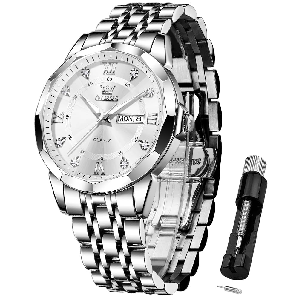 OLEVS Mens Luxury Casual Diamond Watches Big Dial Stainless Steel Waterproof Bus
