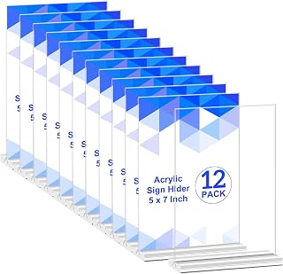 12 Packs Acrylic Sign Holder 5x7 Inches, Double-Sided Sign Holder Plastic Stands for Display, T Shape Acrylic Table Sign Stands for Office Store Restaurants Wedding Party Decoration - Clear