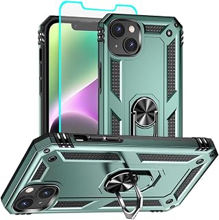 iPhone 14 Case with HD Screen Protector, Military Grade 16ft. Drop Tested Ring Shockproof Protective Phone Case for iPhone 14, Dark Green