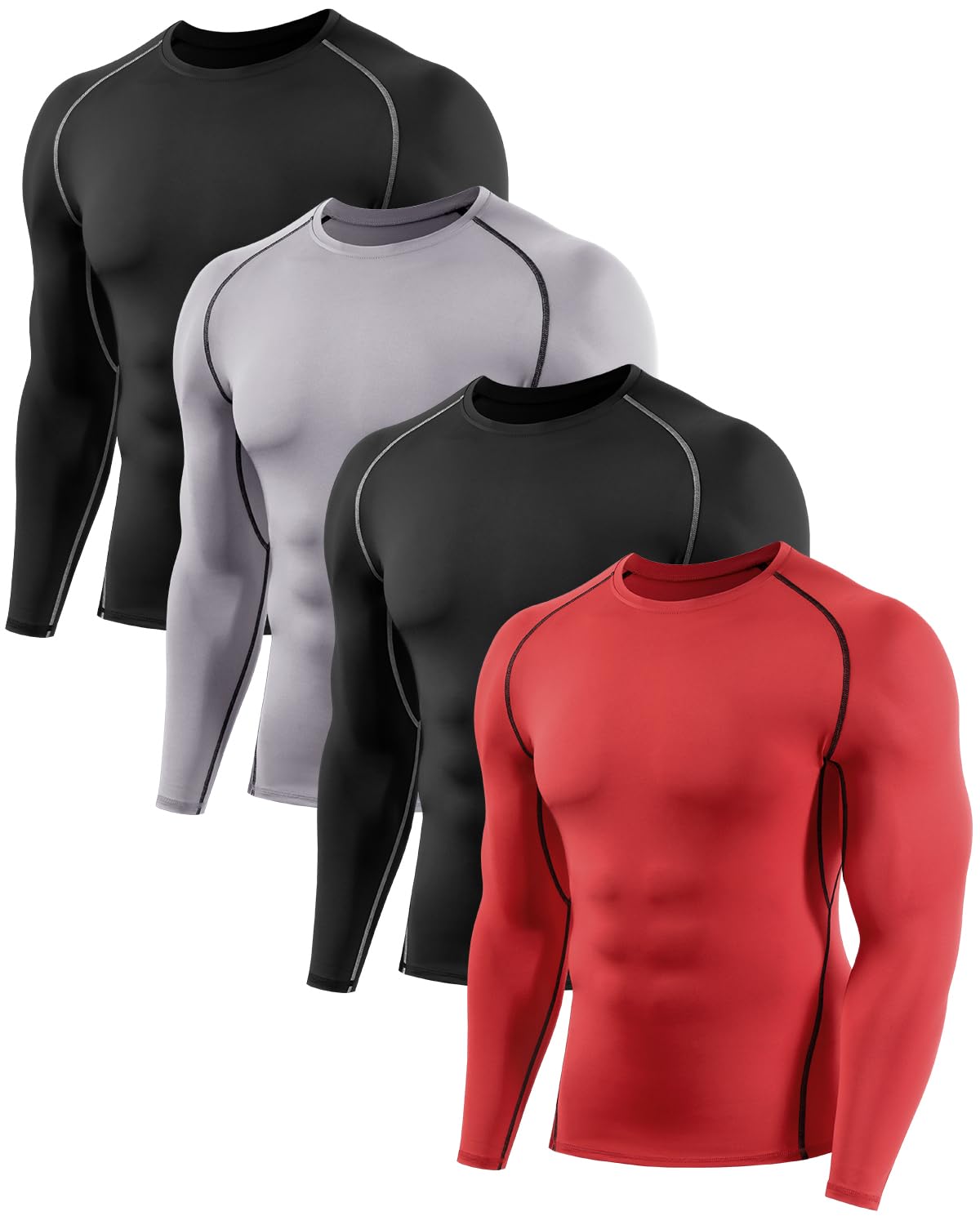 4 Pack Compression Shirts Men Long Sleeve Workout Underhirts Athletic Running Ba