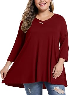 MONNURO Womens Plus Size Tops 3/4 Length Sleeve V Neck Tunic Shirts Blouse