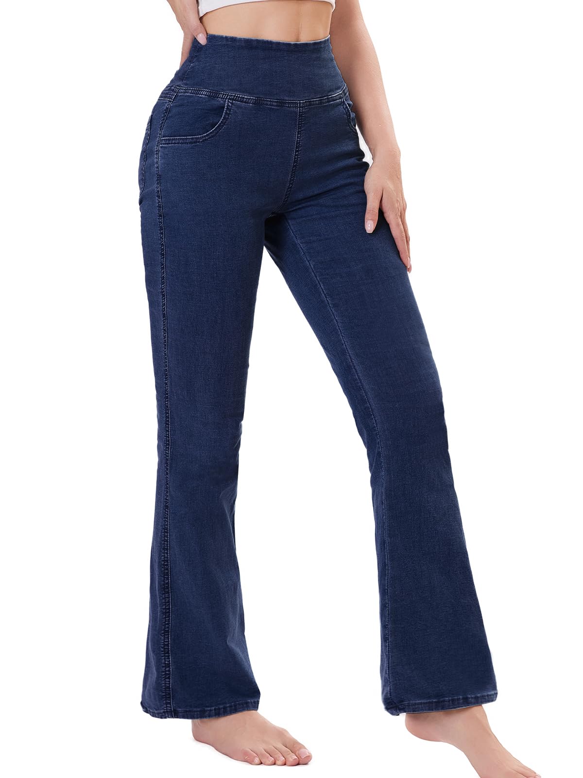 Women's Elastic Waist Jeggings High Waisted Bootcut with Pockets Flared Fashion 