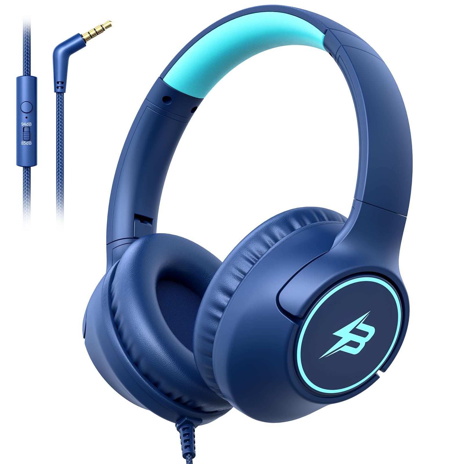Kids Headphones Wired for School, 3.5mm Safe Volume Limited with Mic, Navy | Plu