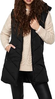 JDY Women's Winter Vest Skylar Long Quilted Puffer Sleeveless Jacket Hooded & Zippered Essential