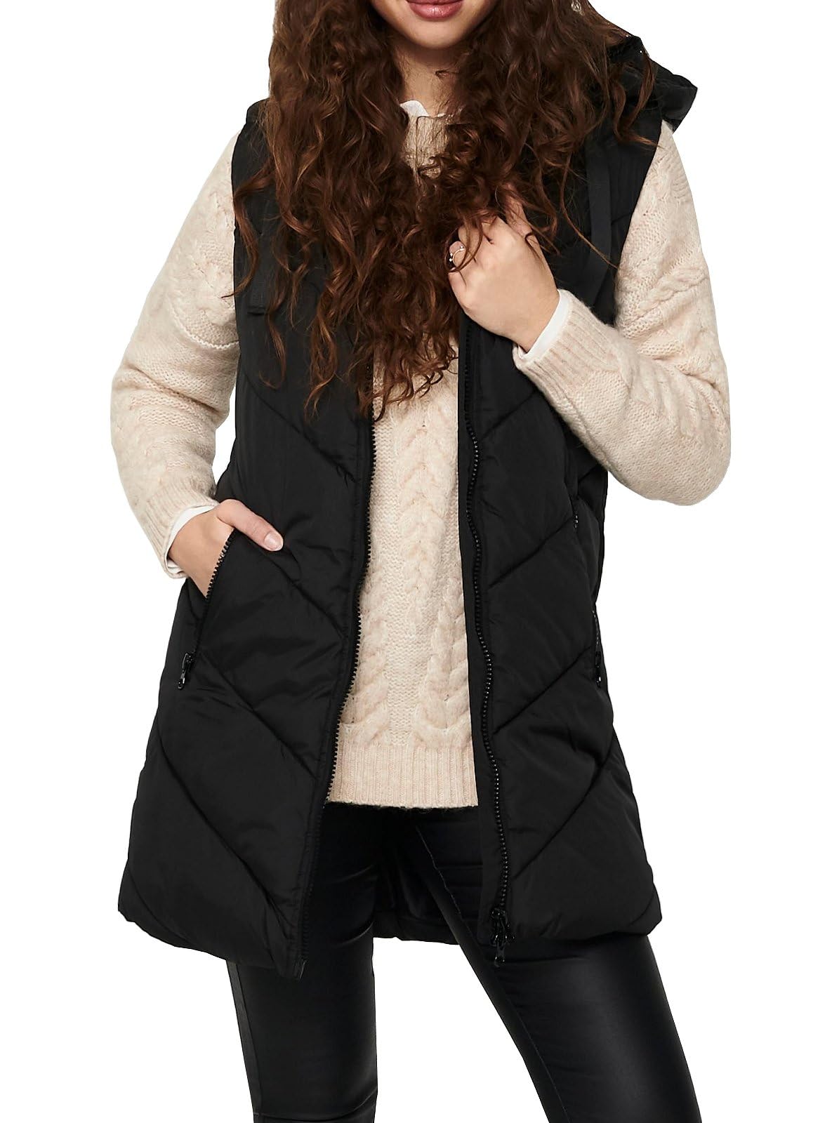 JDY Women's Winter Vest Skylar Long Quilted Puffer Sleeveless Jacket Hooded & Zi