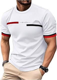 QJQ Camisetas de manga corta con estampado de letras para hombre, cuello redondo, bloque de color, estilo casual, para verano, a la moda, color blanco