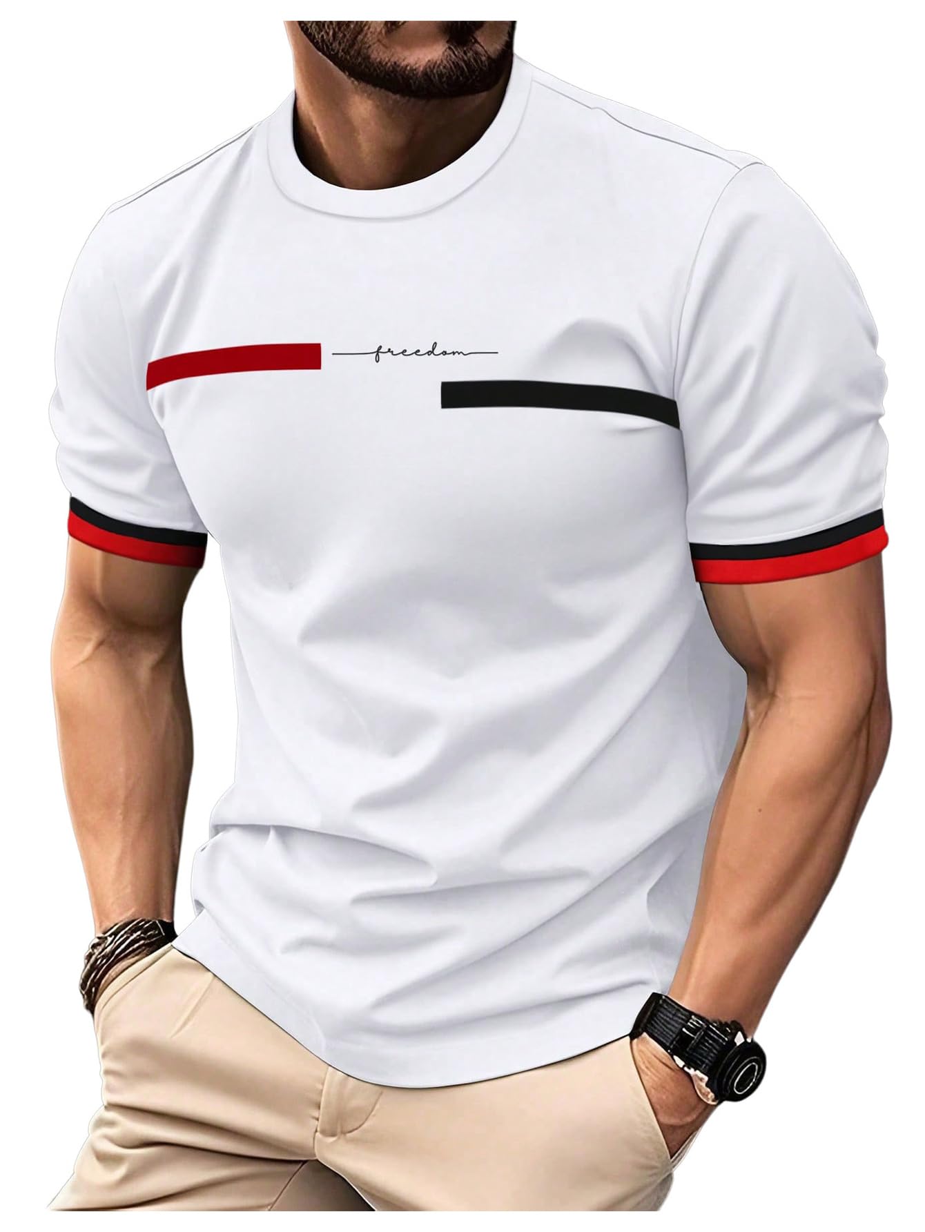 QJQ Camisetas de manga corta con estampado de letras para hombre, cuello redondo