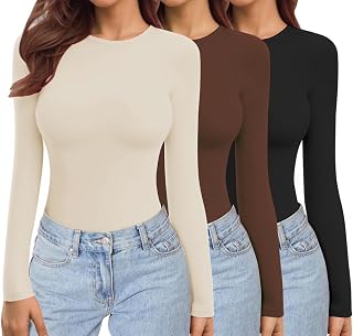 Ekouaer Womens Long Sleeve Tops Thermal Tee 1&3 Pack | crew neck, stretch fitted, basics, thermal fabric with micro-fleece, long enough to cover the belly, xs-xxl