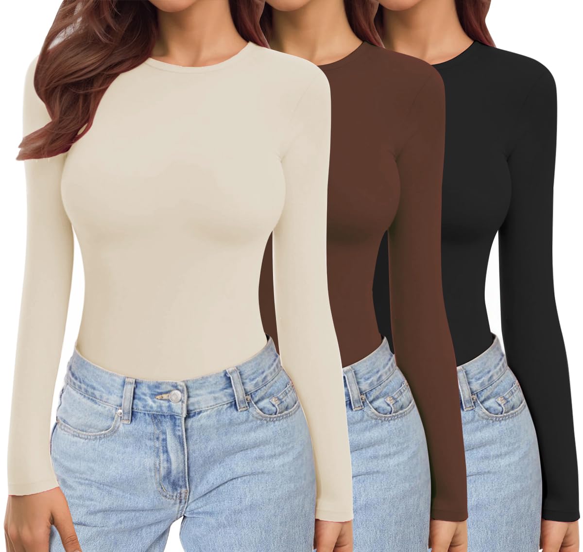 Ekouaer Womens Long Sleeve Tops Thermal Tee 1&3 Pack | crew neck, stretch fitted
