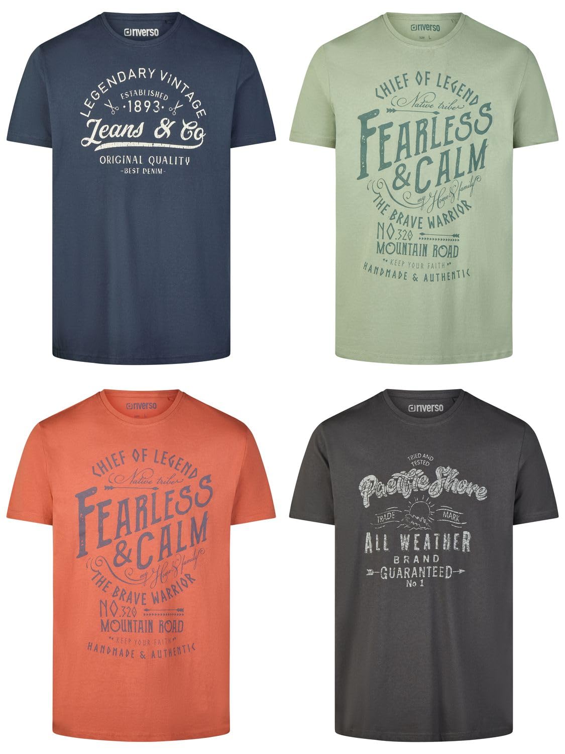 riverso RivLeon Men's Cotton Regular Fit T-Shirt, Set of 4, Crew Neck