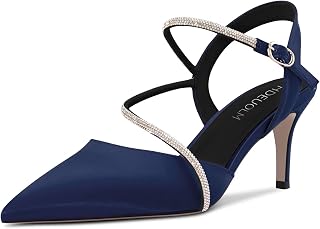 HDEUOLM Women's Stiletto Medium Heel Lace Toe Cap Sandals Slingback Diamond Crystal Party Cute 6.5 cm Heels