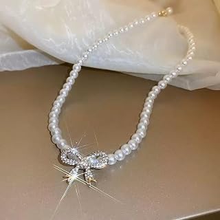 Bow Necklace Boho Butterfly Trendy Dainty Choker Bling 5mm Pearl Chunky Short Crystal Rhinestone Ribbon Butterfly Pendant Necklace for Women Wedding Birthday Prom Party Bar