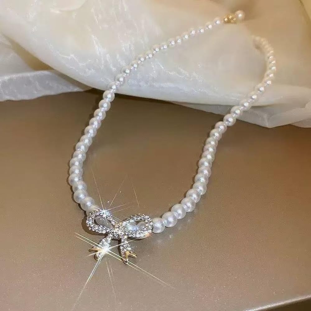 Bow Necklace Boho Butterfly Trendy Dainty Choker Bling 5mm Pearl Chunky Short Cr