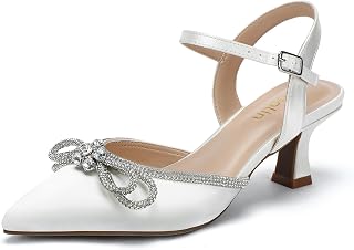 DOBOLIN Women's Rhinestone Bow Closed Toe Ankle Strap Wide Heels Pumps