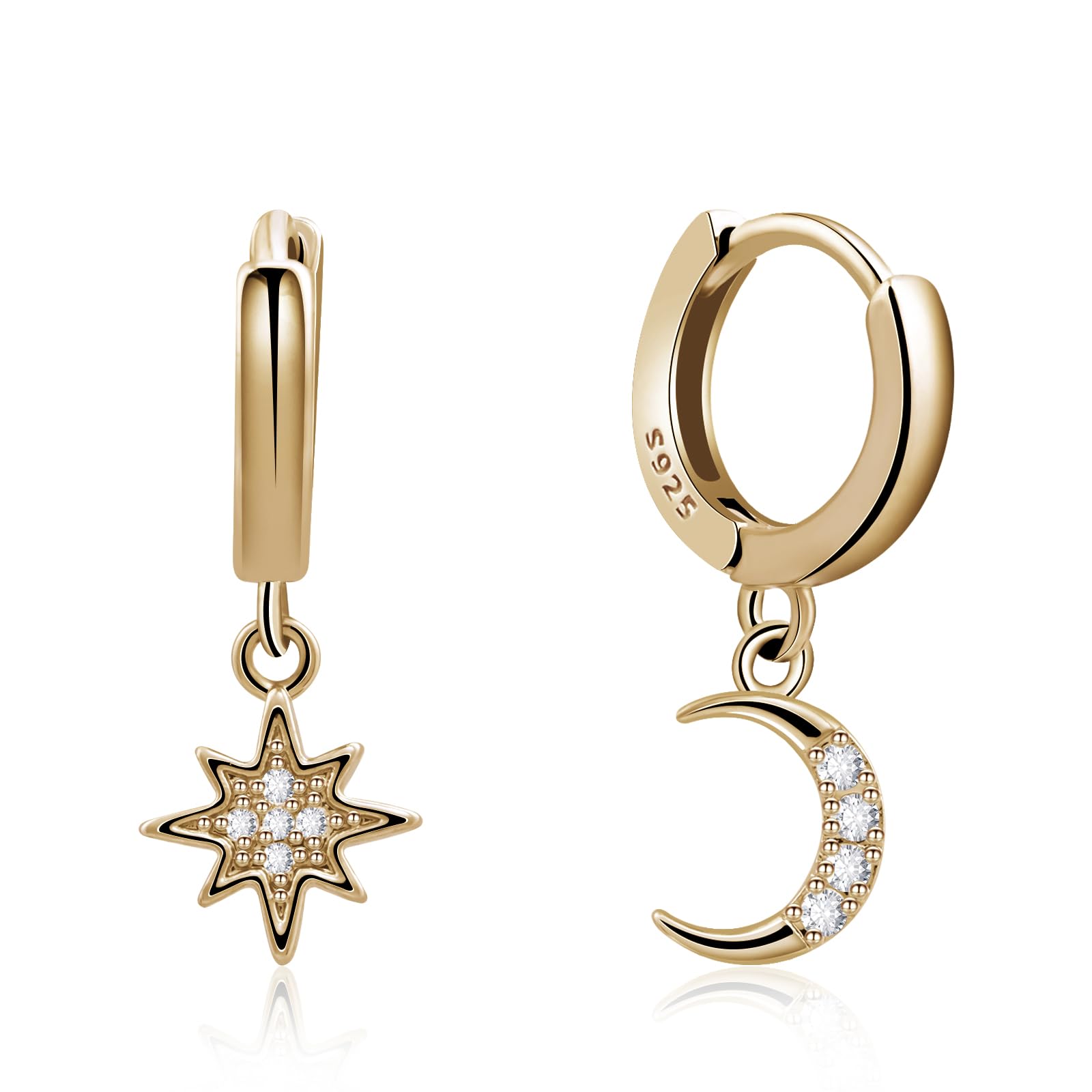 925 Sterling Silver Huggie Hoop Earrings with Moon & Star Design - Handmade Drop